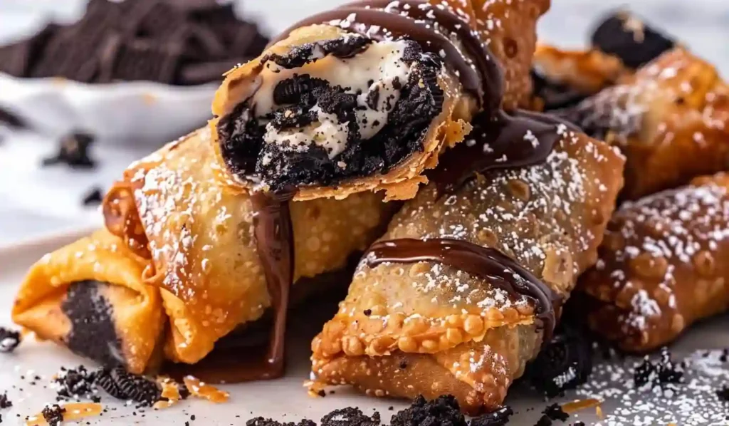 Golden crispy Oreo egg rolls stacked with chocolate drizzle, powdered sugar, and crushed cookies on a marble surface