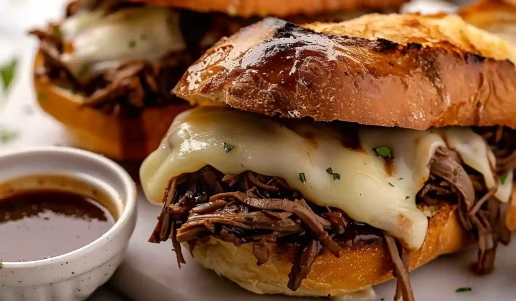 Crockpot French dip sandwich with shredded beef and melted provolone on toasted bread served with au jus