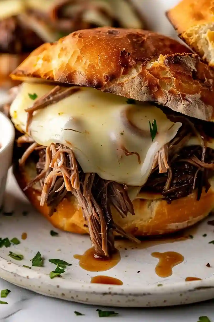 Crockpot French Dip Sandwiches – Cozy Slow Cooker Comfort for Easy Family Dinners 2 Slow cooker French dip sandwich with shredded beef and melted provolone on toasted bread