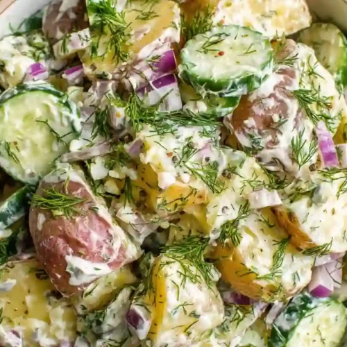 Fresh Dill Potato Salad – A Bright, Cozy Homemade Side for Feel-Good Gatherings 2 Creamy dill potato salad with red potatoes, cucumbers, and fresh herbs in a rustic bowl
