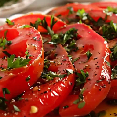 Marinated Tomatoes Recipe for a Light, Cozy, Flavorful Side 3 Close-up of marinated tomato slices with chopped herbs and vinaigrette