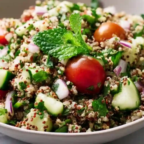 quinoa mint salad with cherry tomatoes cucumber red onion and fresh herbs in bowl