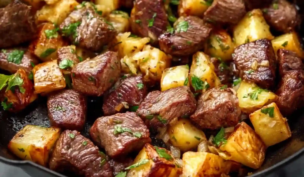 Close-up skillet of garlic butter steak bites with crispy golden potatoes