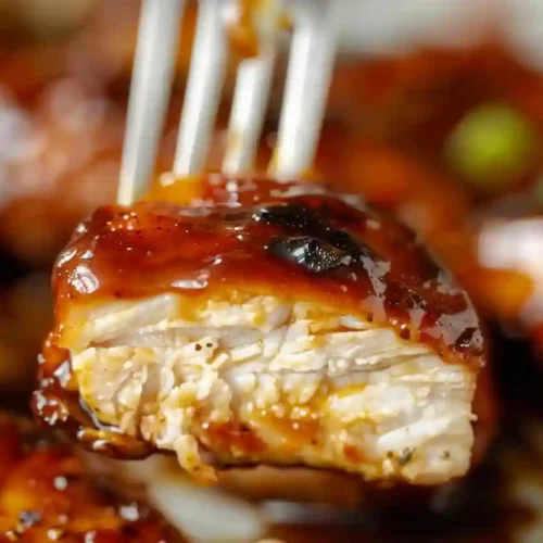Glazed Chicken Breast – A Cozy, Sweet-Savory Weeknight Dinner 3 Close-up glazed chicken breast piece on a fork with caramelized sauce