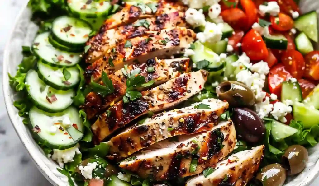 Greek chicken salad bowl with grilled sliced chicken, cucumber, tomatoes, olives, feta cheese and lettuce
