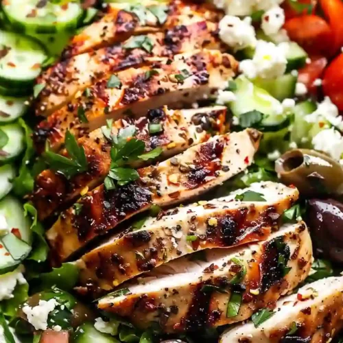 Greek Chicken Salad – A Fresh, Protein-Packed Cozy Weeknight Recipe 3 Greek chicken salad bowl with grilled sliced chicken, cucumber, tomatoes, olives, feta cheese and lettuce