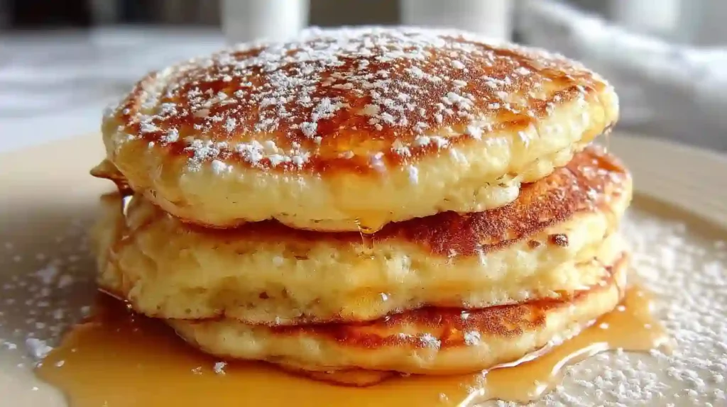 Fluffy Greek yogurt pancakes stacked with syrup and powdered sugar