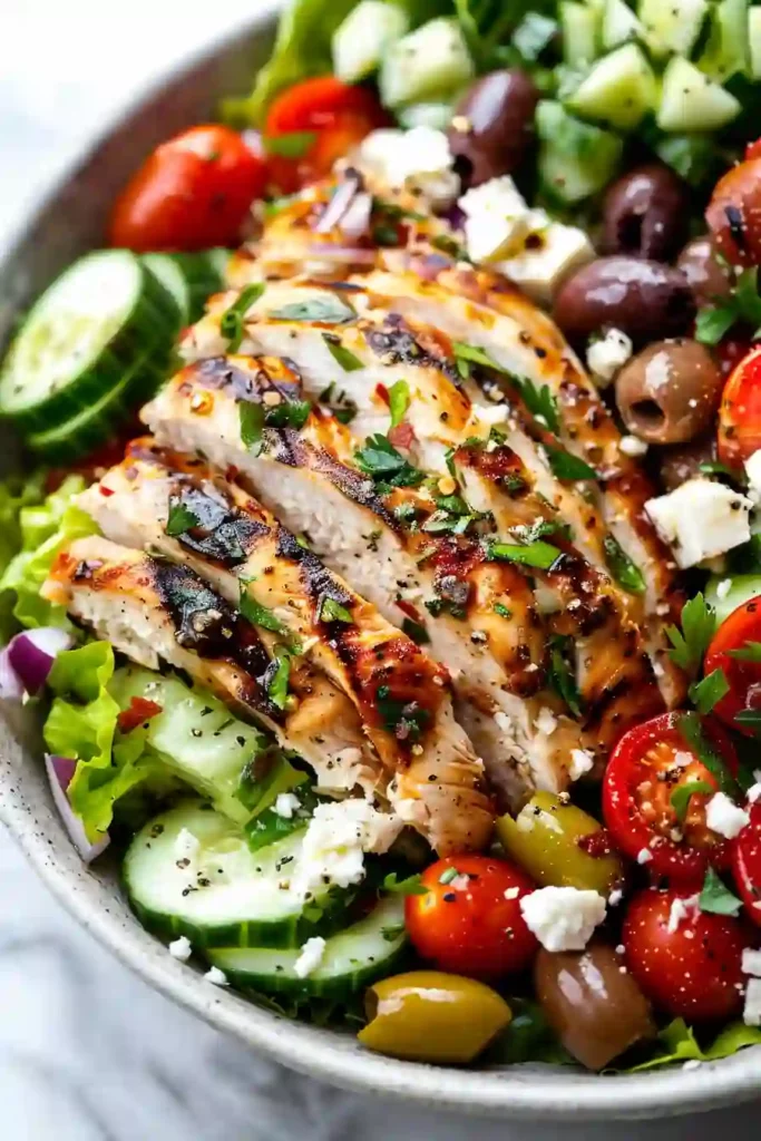 Greek Chicken Salad – A Fresh, Protein-Packed Cozy Weeknight Recipe 2 Mediterranean Greek chicken salad with feta olives cucumber and grilled chicken