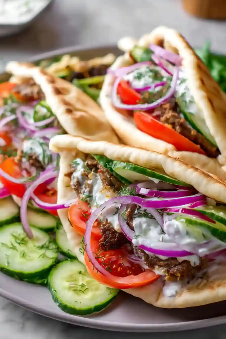 Gyro Meat Recipe for a Cozy Homemade Mediterranean Family Dinner 2 Homemade gyro meat pita with tomato cucumber onion and tzatziki close-up