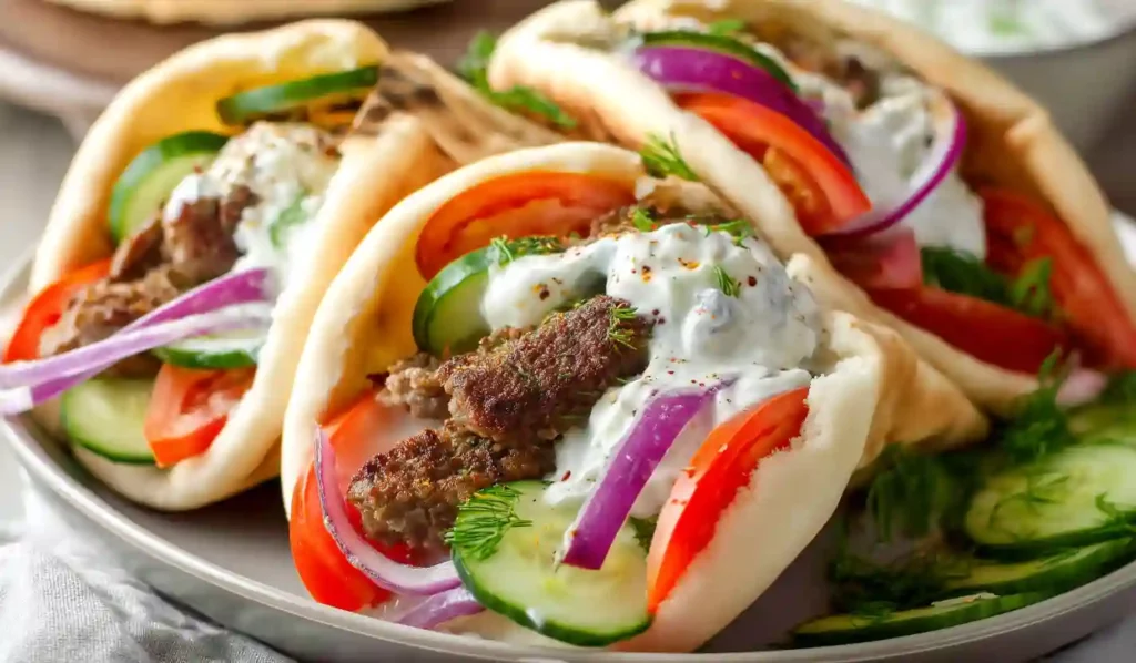 Close-up homemade gyro meat stuffed in warm pita bread with tomato, cucumber, red onion and tzatziki sauce