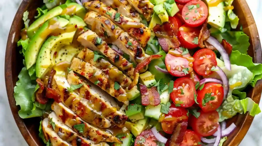Honey mustard chicken salad with avocado, cherry tomatoes and bacon in a wooden bowl