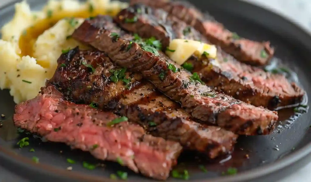 Sliced sirloin steak served over creamy mashed potatoes with herbs
