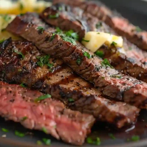 Sliced sirloin steak served over creamy mashed potatoes with herbs