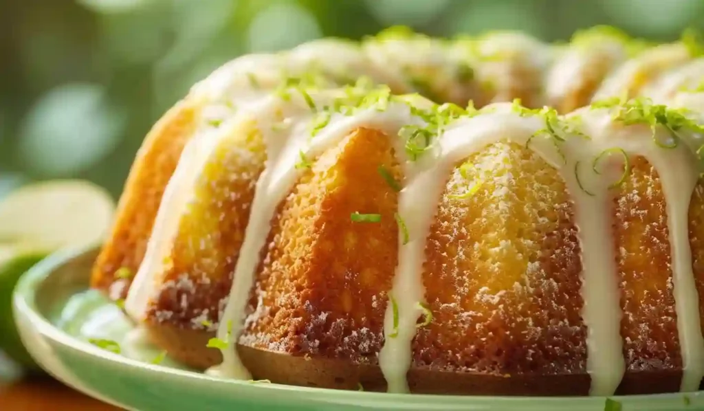Close-up of key lime bundt cake with white glaze and fresh lime zest