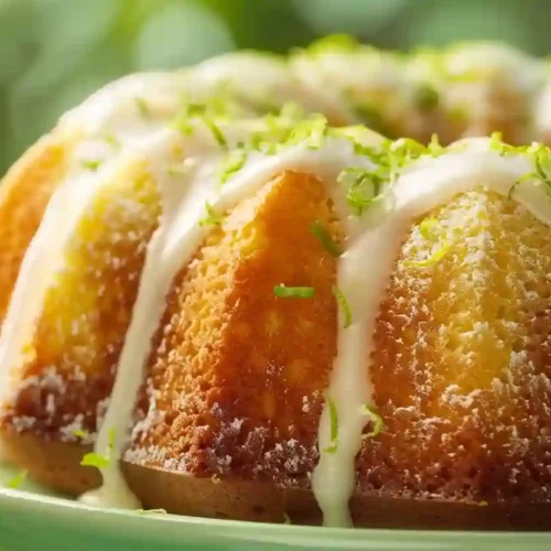Close-up of key lime bundt cake with white glaze and fresh lime zest