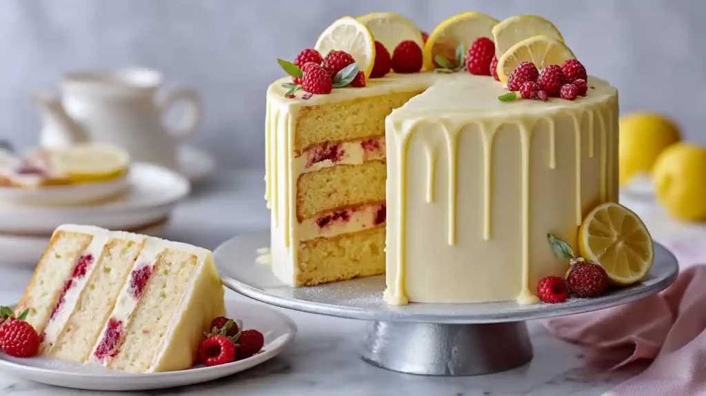 Lemon berry drip cake with raspberries and lemon slices on a cake stand