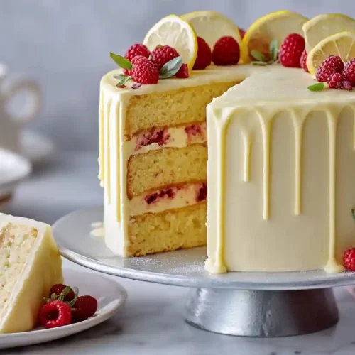 Lemon Berry Drip Cake – A Bright, Cozy Homemade Dessert That Feels Like a Celebration 3 Lemon berry drip cake with raspberries and lemon slices on a cake stand