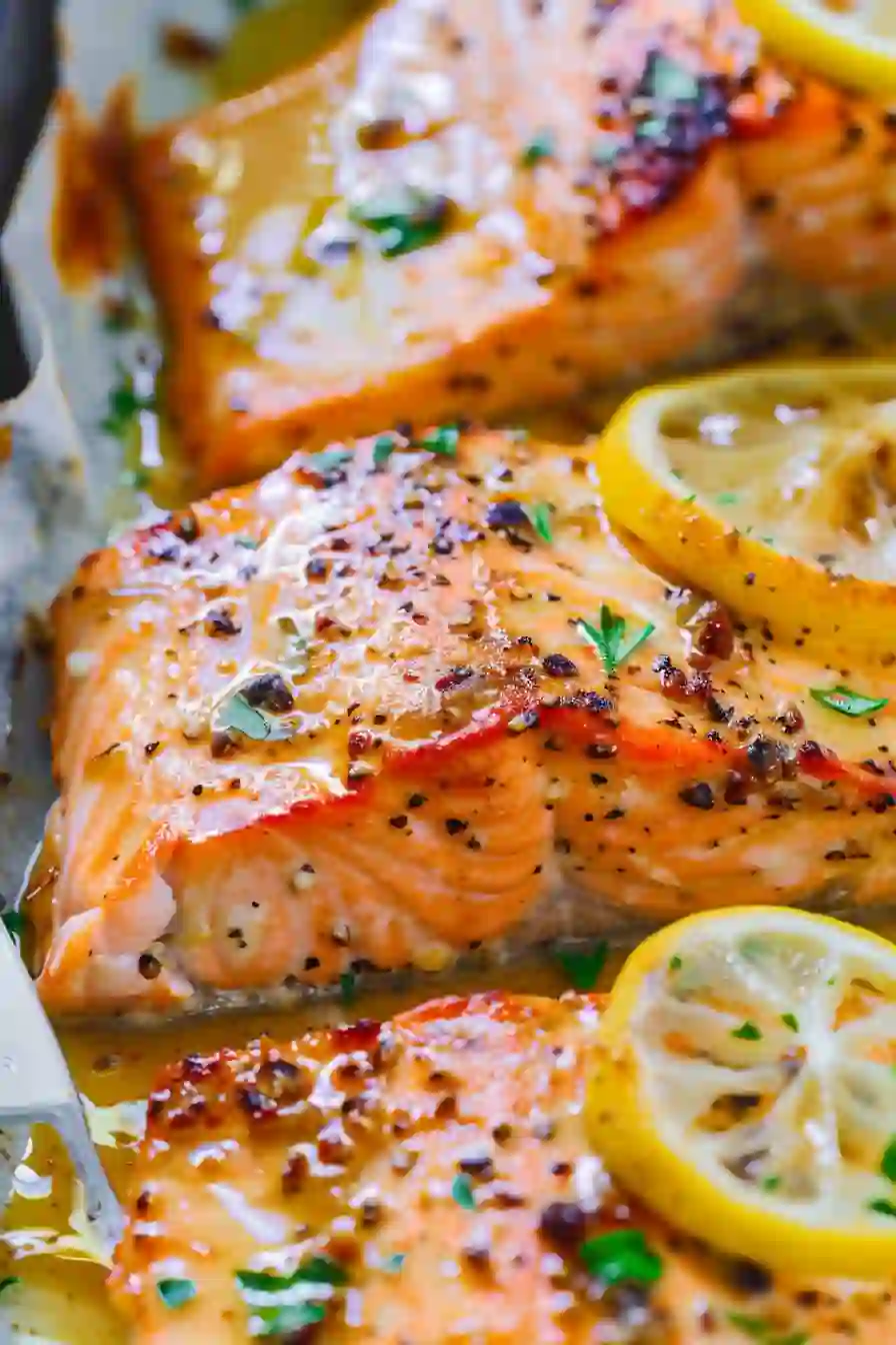 Lemon Garlic Butter Salmon – A Cozy, Nourishing Weeknight Dinner 2 Juicy lemon garlic butter salmon with golden crust and buttery sauce
