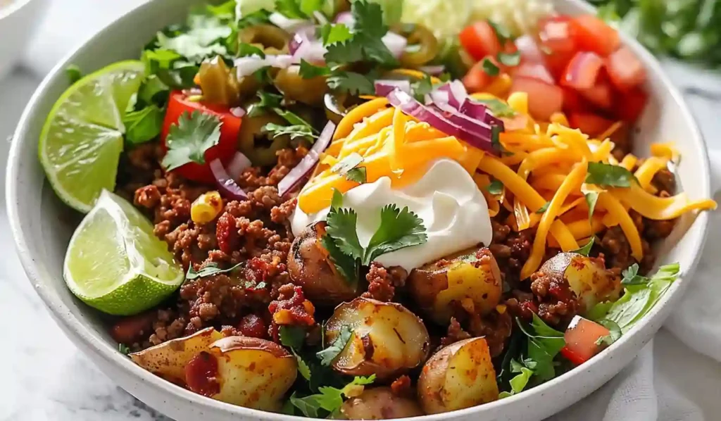Loaded potato taco bowl with seasoned ground beef, roasted potatoes, shredded cheese, cilantro, lime, and pickled onions in a colorful bowl