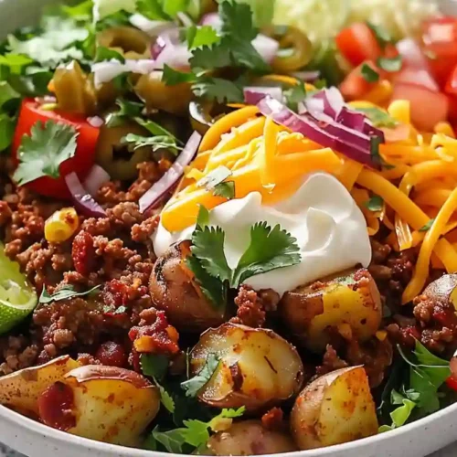 Loaded Potato Taco Bowl – A Cozy, Protein-Packed Comfort Dinner 3 Loaded potato taco bowl with seasoned ground beef, roasted potatoes, shredded cheese, cilantro, lime, and pickled onions in a colorful bowl