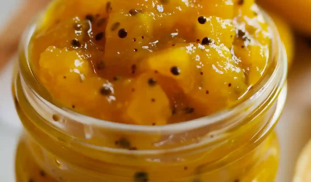Close-up homemade mango chutney in a glass jar with glossy mango chunks