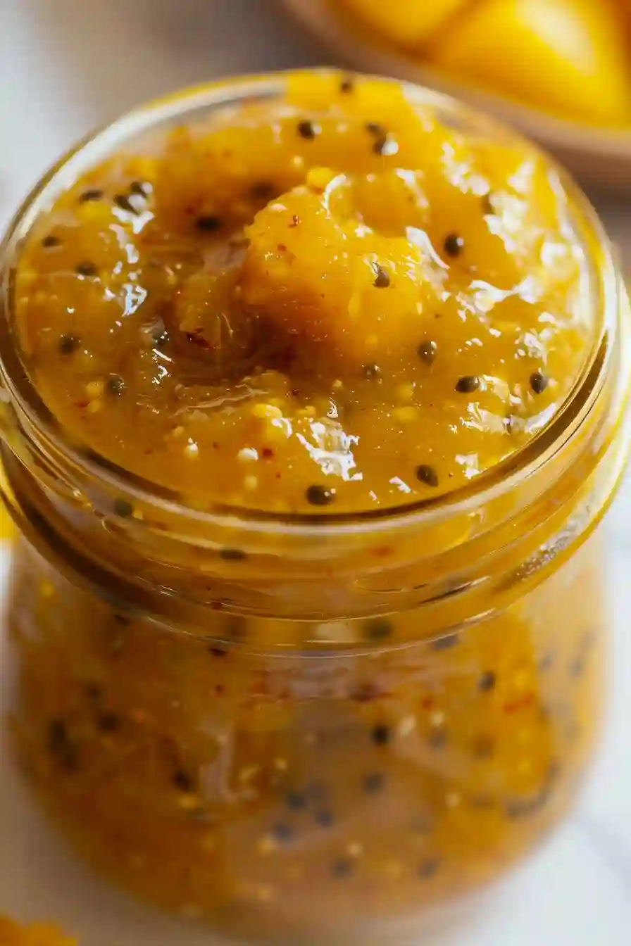 Mango Chutney Recipe – Sweet, Tangy Homemade Comfort for Cozy Cooking 2 hick mango chutney with mango chunks in a glass jar close-up