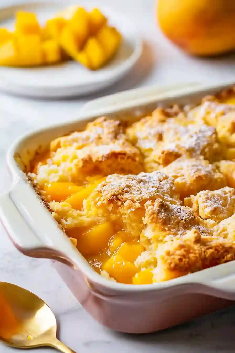 Cozy Homemade Mango Cobbler – A Bright, Comforting Dessert for Family Gatherings 2 Golden mango cobbler in a ceramic baking dish with soft biscuit topping and baked mango filling.