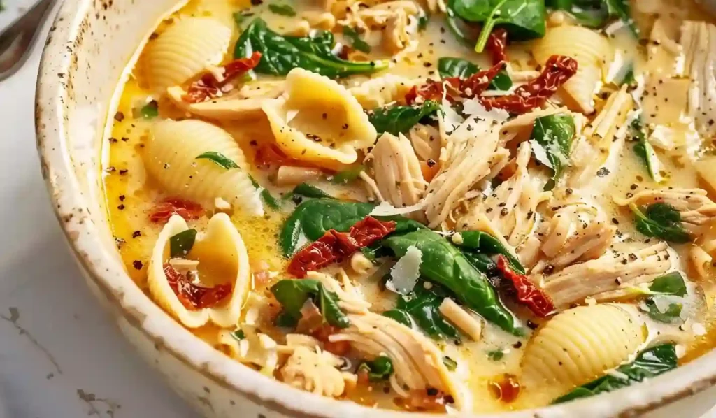 Creamy Marry Me Chicken Soup with pasta shells, shredded chicken, spinach and sun-dried tomatoes in a rich parmesan broth