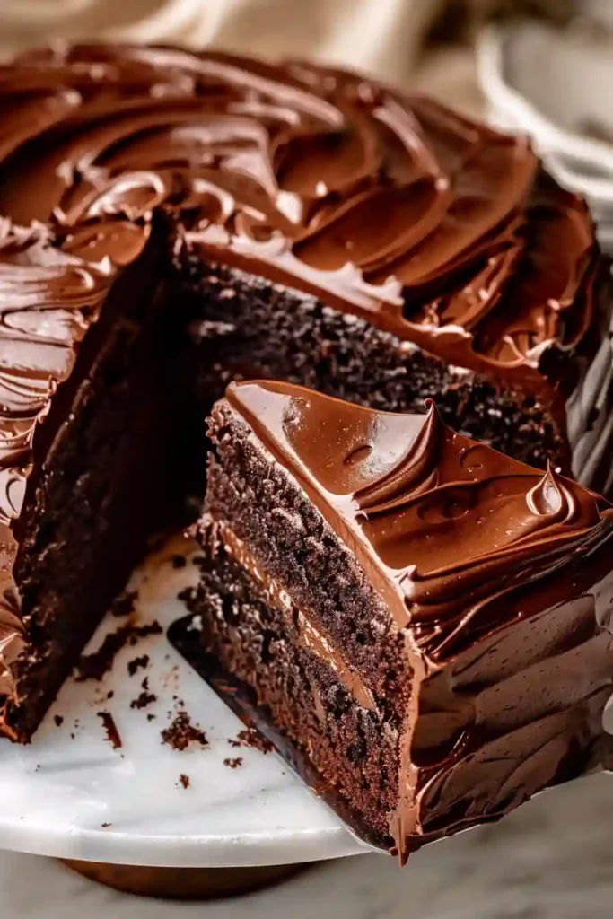 Matilda’s Chocolate Cake – A Cozy, Decadent Homemade Comfort Dessert 2 Close-up Matilda chocolate cake with thick frosting and soft crumb texture