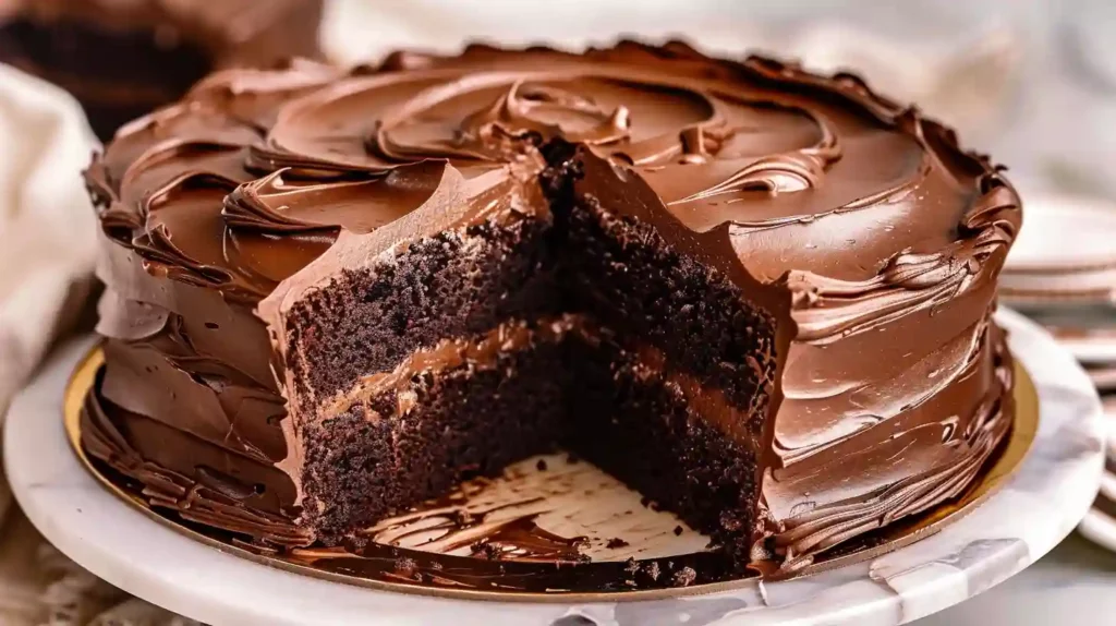 Matilda chocolate cake with a slice removed and thick glossy chocolate frosting