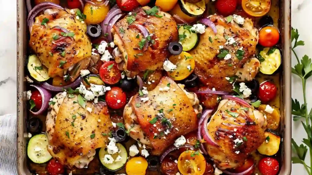 roasted Mediterranean chicken thighs with cherry tomatoes olives red onion zucchini and feta in baking tray