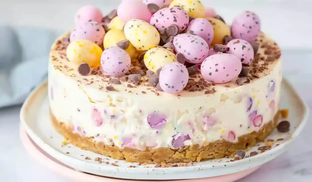Creamy mini egg cheesecake topped with pastel chocolate mini eggs
