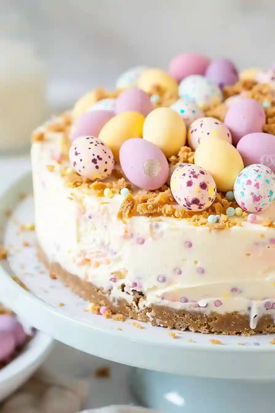 Mini Egg Cheesecake – A Cozy Homemade Easter Dessert Everyone Loves 2 Easter mini egg cheesecake with pastel chocolate eggs topping
