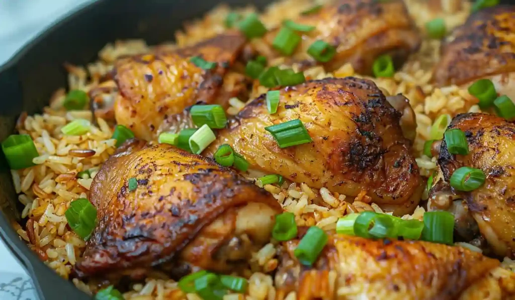 Golden roasted chicken thighs baked over seasoned rice in a skillet with green onions