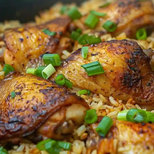 Golden roasted chicken thighs baked over seasoned rice in a skillet with green onions