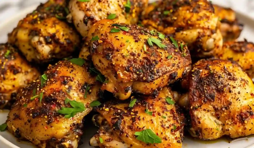 Golden oven baked chicken thighs with crispy seasoning crust served on a plate