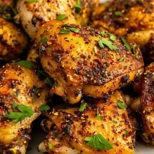 Crispy Oven Baked Chicken Thighs – An Easy Cozy Weeknight Dinner 3 Golden oven baked chicken thighs with crispy seasoning crust served on a plate
