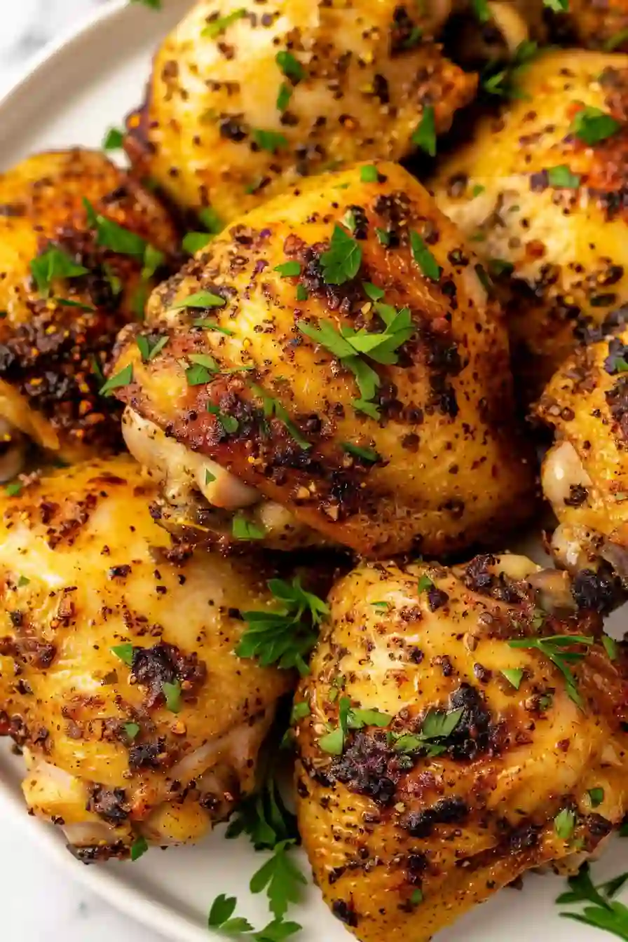 Crispy Oven Baked Chicken Thighs – An Easy Cozy Weeknight Dinner 2 Crispy seasoned oven baked chicken thighs close up