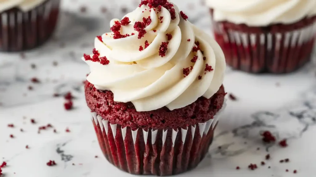 Close-up red velvet cupcake topped with white cream cheese frosting and red crumbs