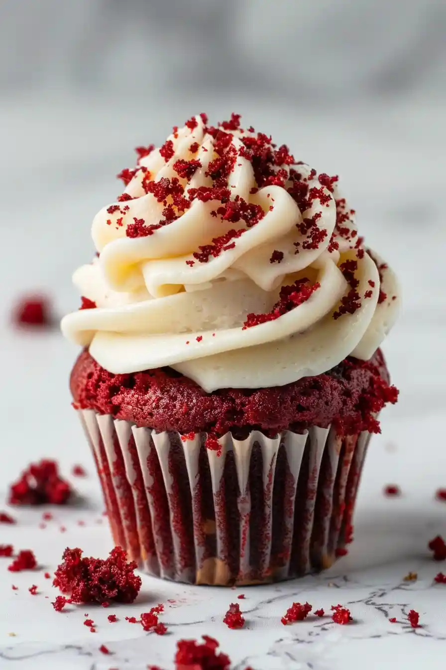 Red Velvet Cupcakes That Feel Like a Cozy Bakery Treat at Home 2 Vertical shot of red velvet cupcake with cream cheese frosting and crumbs