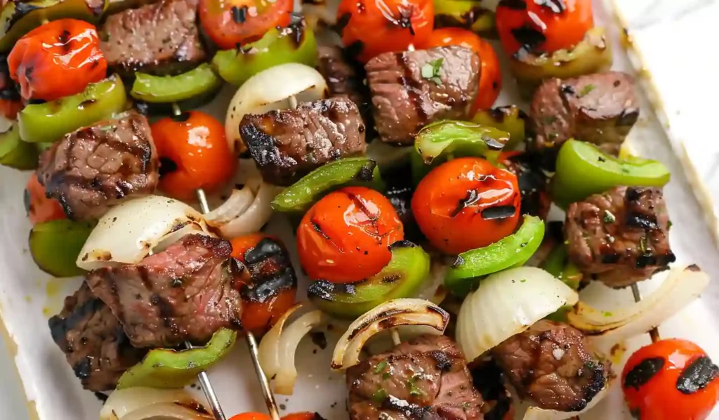 Close-up of grilled steak shish kabobs with green bell peppers, onions, and cherry tomatoes on metal skewers