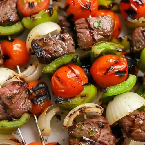 Close-up of grilled steak shish kabobs with green bell peppers, onions, and cherry tomatoes on metal skewers
