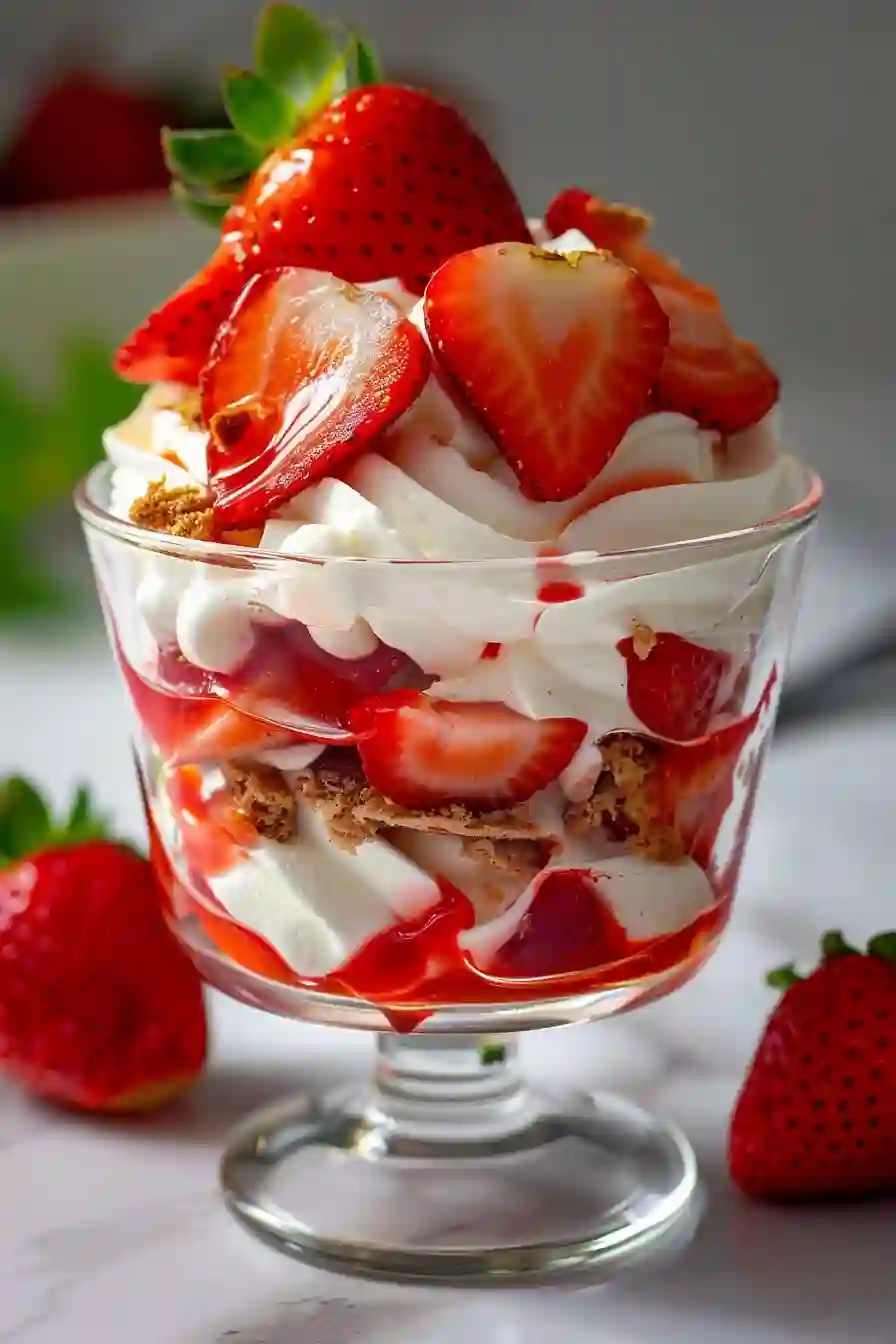 Strawberry Eton Mess – A Light, Creamy Homemade Dessert for Cozy Gatherings 2 Strawberry Eton mess layered with whipped cream, meringue and fresh strawberries in a glass dessert cup
