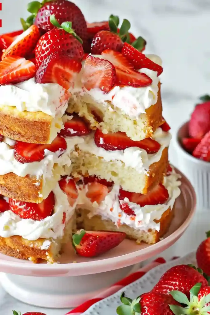 Strawberry Shortcake Recipe – A Cozy Homemade Dessert for Sweet Family Moments 2 Tall strawberry shortcake with cream and strawberries stacked between layers