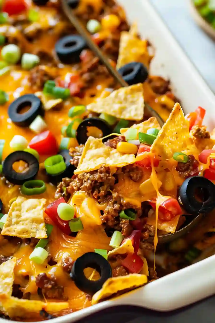 Taco Casserole – A Cozy Weeknight Comfort Food the Whole Family Loves 2 Close-up of cheesy taco casserole with tortilla chips, olives, tomatoes, and green onions baked in a casserole dish