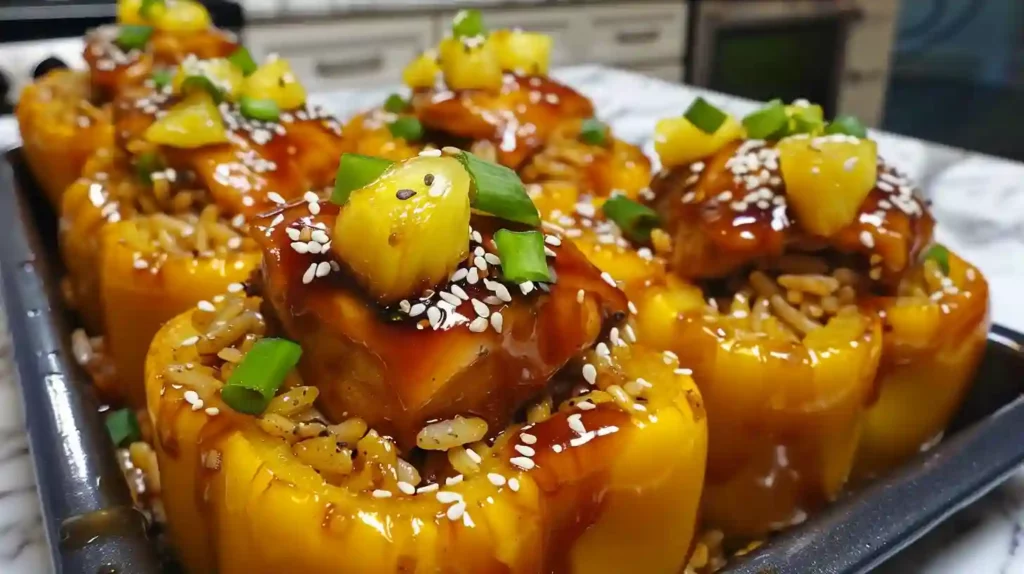 Yellow bell peppers stuffed with teriyaki chicken, rice, and caramelized pineapple chunks