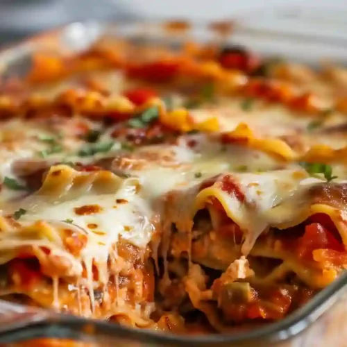 Extra close-up of homemade vegetable lasagna with melted cheese and visible layers served in a glass baking dish