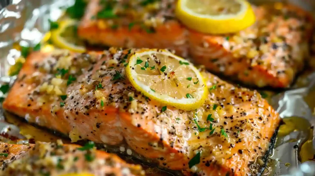 Close-up lemon herb salmon fillets baked in foil with parsley and lemon slices