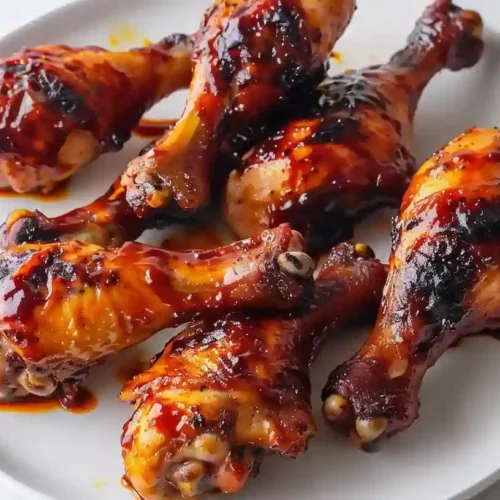 Close-up of glazed BBQ chicken drumsticks on oval white plate