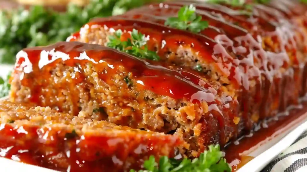 Close-up of BBQ meatloaf with glossy sauce and visible slice texture